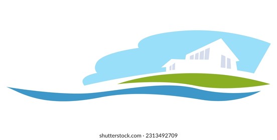 Logo del agente inmobiliario. Una imagen estilizada de una casa de playa a orillas de un lago.