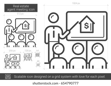 Un agente inmobiliario que se encuentra con un icono de línea vectorial aislado en fondo blanco. Icono de la línea de encuentro del agente inmobiliario para infografía, sitio web o aplicación. Icono escalable diseñado en un sistema de cuadrícula.
