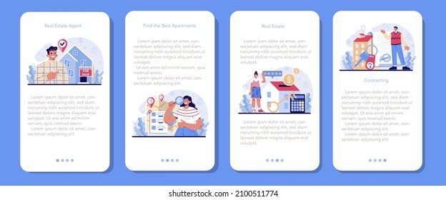 Real estate agent mobile application banner set. Realtor assistance and help in mortgage contract. Real estate market searching, inspection, contracting. Flat vector illustration