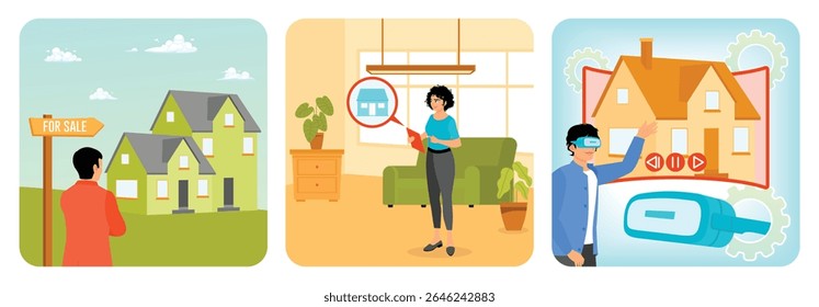 A real estate agent observing a house for sale. Organize the room's decor. Individual engaging with a virtual house preview using advanced VR technology. Real estate listing services concept.