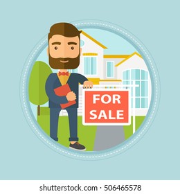 Real estate agent offering the house. Hipster broker with placard for sale and documents in hands standing in front of the house. Vector flat design illustration in the circle isolated on background.