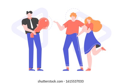 Real estate agent passes a giant key to buyers. Young couple bought or rented an apartment or house. Concept vector flat illustration.