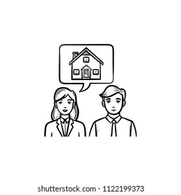 Real estate agent people communication hand drawn outline doodle icon. Manager talks to client as real estate consultation concept. Vector sketch illustration on white background.