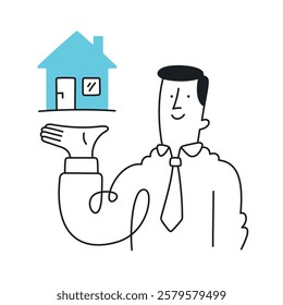 Real estate agent presenting a house. Simplistic design highlighting homeownership concept. Doodle illustration - editable stroke.