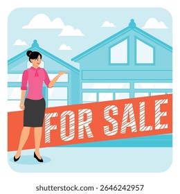 Um agente imobiliário que apresenta uma casa à venda. Enfatizando propriedades, compras e vendas. Conceito de corretor imobiliário.