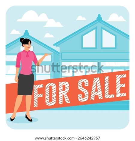 A real estate agent presenting a house for sale. Emphasizing properties, buying, and sales. Real estate broker concept.