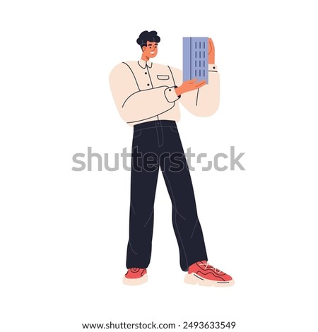 Real estate agent presenting new apartment building. Happy realtor, property broker developer holding condo house model, residential architecture. Flat vector illustration isolated on white background