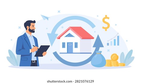 Real Estate Agent Presenting Property Investment Growth and Home Financing Strategy Reverse Mortgage Home Owner Exchange for Regular Payment, Loan or Income  Flat Design Vector Illustration