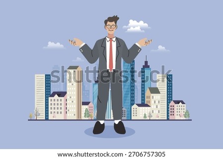 Real estate agent presenting urban city buildings. Businessman standing with open hands for property investment concept. Vector illustration of modern architecture background.