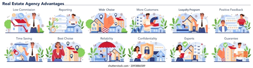 Real estate agent or realtor advantages. Realtor assistance and help in mortgage contract. Real estate market analysis searching, inspection, redesign. Investing project. Vector illustration