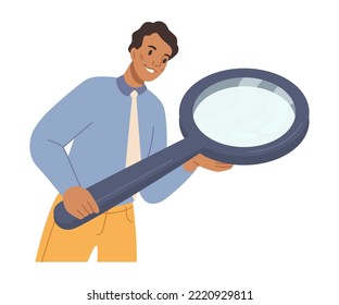 Real estate agent searching and looking, instrument or tool helping at work. Isolated male character zooming in, portrait of man wearing formal clothes. Vector in flat cartoon style