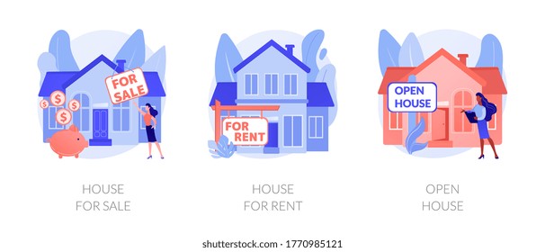 Real estate agent service abstract concept vector illustration set. House for sale and for rent, open house, best deal, booking, residential and commercial property, mortgage broker abstract metaphor.