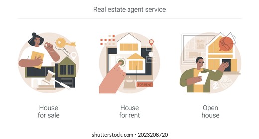 Real estate agent service abstract concept vector illustration set. House for sale and for rent, open house, best deal, booking, residential and commercial property, mortgage broker abstract metaphor.
