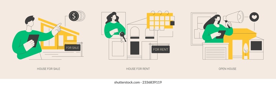 Real estate agent service abstract concept vector illustration set. House for sale and for rent, open house, best deal, booking, residential and commercial property, mortgage broker abstract metaphor.