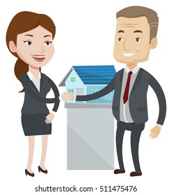Agente imobiliário apertando a mão para o cliente após o negócio imobiliário. Celebração de um acordo imobiliário entre o agente imobiliário e o comprador. Ilustração de design plano vetorial isolada sobre fundo branco.
