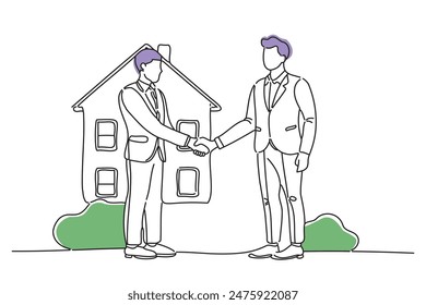 real estate agent shaking hands after a successful deal, doodle continuous line art vector illustration