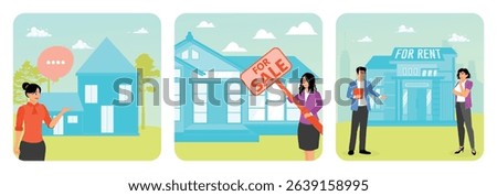 Real estate agent showcasing a modern house Holding a 'For Sale' sign outside a house. Presenting a rental property with a 'For Rent' sign. Real estate broker concept.