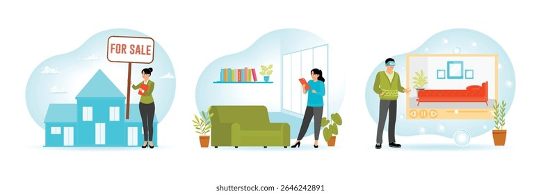 A real estate agent showcasing a property with a for sale sign. A woman with a tablet doing home staging. Virtual reality headset interacting with an augmented. Real estate buying experience concept.