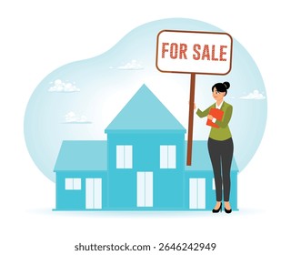 A real estate agent showcasing a property with a for sale sign. Emphasizing opportunity for home buyers and real estate investment. Real estate buying experience concept.