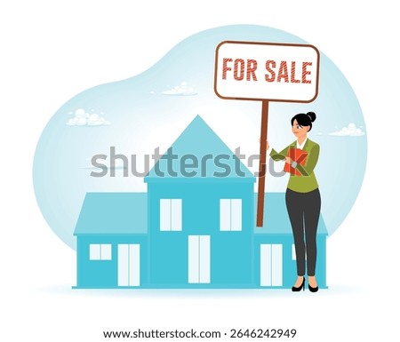 A real estate agent showcasing a property with a for sale sign. Emphasizing opportunity for home buyers and real estate investment. Real estate buying experience concept.