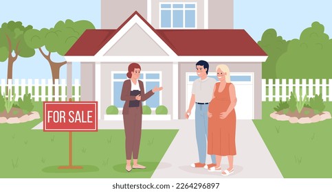 Real estate agent showing home to pregnant couple flat color vector illustration. Hero image. Fully editable 2D simple cartoon characters with landscape on background. Bebas Neue Regular font used