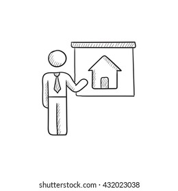 Real estate agent showing house vector sketch icon isolated on background. Hand drawn Real estate agent showing house icon. Real estate agent showing house sketch icon for infographic, website or app.