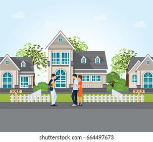 Real Estate Agent Showing New House To Couple, Real Estate Conceptual Vector Illustration.