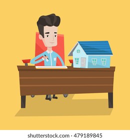 Real estate agent signing contract. Real estate agent sitting at workplace in office with house model on the table. Man signing home purchase contract. Vector flat design illustration. Square layout.