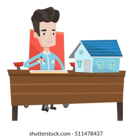 Real estate agent signing contract. Real estate agent sitting in office with house model on the table. Man signing home purchase contract. Vector flat design illustration isolated on white background.