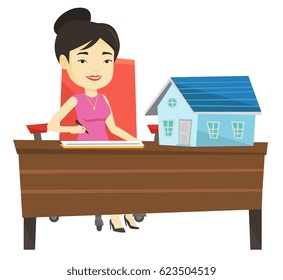 Real estate agent signing contract. Real estate agent sitting at workplace with house model on table. Woman signing home purchase contract. Vector flat design illustration isolated on white background