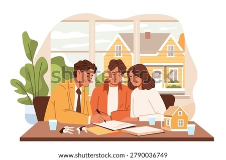 Real estate agent signing contract with couple house purchase agreement document keys miniature home modern office