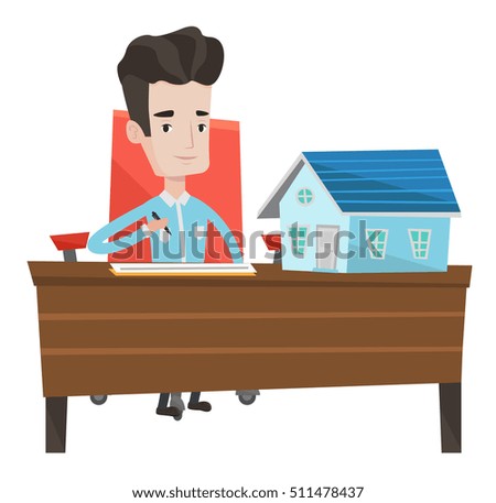 Real estate agent signing contract. Real estate agent sitting in office with house model on the table. Man signing home purchase contract. Vector flat design illustration isolated on white background.