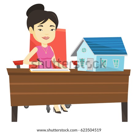 Real estate agent signing contract. Real estate agent sitting at workplace with house model on table. Woman signing home purchase contract. Vector flat design illustration isolated on white background
