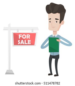 Real estate agent signing home purchase contract in front of for sale real estate sign. Caucasian real estate agent selling a house. Vector flat design illustration isolated on white background.