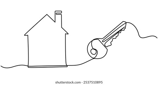 Icono de una sola línea de agente inmobiliario, alquiler y compra de propiedades Icono de línea continua editable, teclas Icono de una sola línea, casa con clave de dibujo continuo de una línea, conjunto de teclas contra fondo blanco.