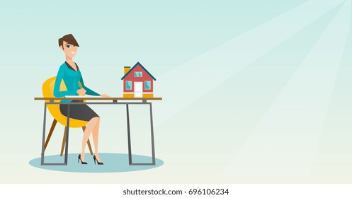 Real estate agent sitting at workplace in office with house model on table and signing home purchase contract. Woman signing home purchase contract. Vector flat design illustration. Horizontal layout