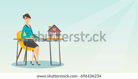 Real estate agent sitting at workplace in office with house model on table and signing home purchase contract. Woman signing home purchase contract. Vector flat design illustration. Horizontal layout