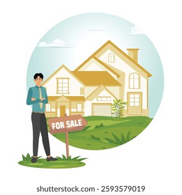 Real estate agent. A real estate agent standing confidently next to a house displayed for sale, representing the concepts of home ownership, property sales, and professional services. 