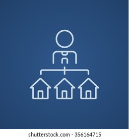 Real estate agent with three houses line icon for web, mobile and infographics. Vector light blue icon isolated on blue background.