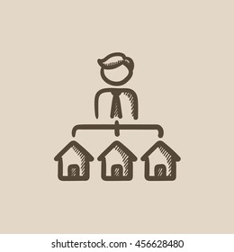 Real estate agent with three houses vector sketch icon isolated on background. Hand drawn Real estate agent with houses icon. Real estate agent with houses sketch icon for infographic, website or app.