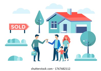 A real estate agent transfers keys to the owners of a beautiful private home in the suburbs. Vector illustration of a new home for the family from the best real estate agency 