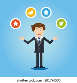 Real estate agent vector draw with arms up, offering houses to buy. Brown hair.