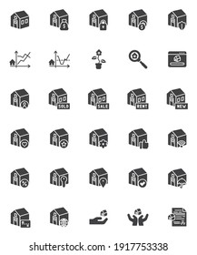 Juego de iconos vectoriales del agente inmobiliario, colección moderna de símbolos sólidos, paquete de pictogramas estilo relleno. Señales, ilustración del logotipo. Set incluye iconos como seguro de propiedad, acuerdo de bienes raíces, hipoteca