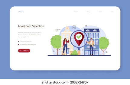 Banner web o página de inicio de agente inmobiliario. Ingeniero cualificado buscando la mejor opción de apartamento. Selección de propiedades e inspección técnica. Ilustración plana del vector