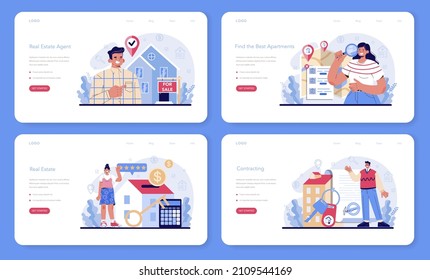 Banner web del agente inmobiliario o página de inicio. Asistencia y ayuda de los inversores en el contrato hipotecario. Búsqueda en el mercado inmobiliario, inspección, contratación. Ilustración vectorial plana