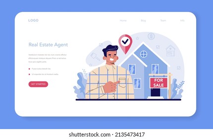 Web-Banner oder Landing-Page von Immobilienmaklern. Immobilienhilfe und Hilfe bei Hypothekenverträgen. Suche, Inspektion, Auftragsvergabe auf dem Immobilienmarkt. Flache Vektorgrafik