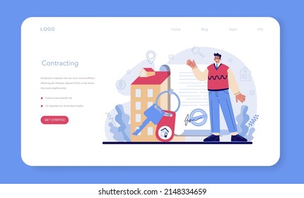 Real estate agent web banner or landing page. Realtor assistance and help in mortgage contract. Real estate market searching, inspection, contracting. Flat vector illustration