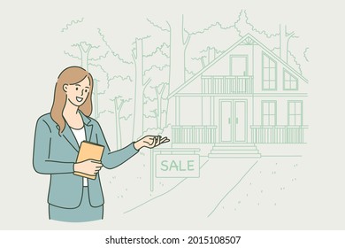 Real estate agent at work concept. Young smiling woman Realtor agent standing and showing house for sale Vector illustration.