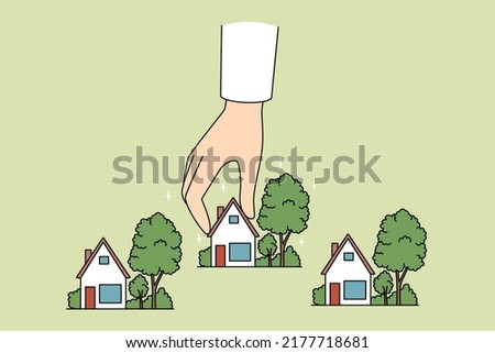 Real estate agent working with small house miniatures. Realtor or broker hand holding homes maquettes. Realty and rent concept. Vector illustration. 