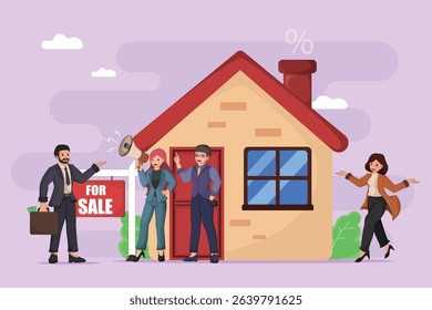 Real Estate Agents Announcing Property for Sale: Professionals Actively Promoting a House with a Megaphone and "For Sale" Sign, Highlighting Marketing and Communication in the Housing Market.
